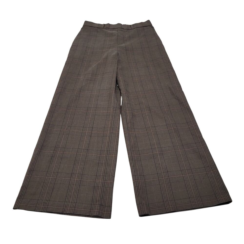 Uniqlo high rise wide leg pull on plaid checkered brown trouser pants medium